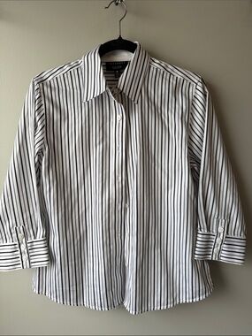 Foxcroft no iron 100% cotton Black and White Striped Dress Shirt 3/4 sleeve